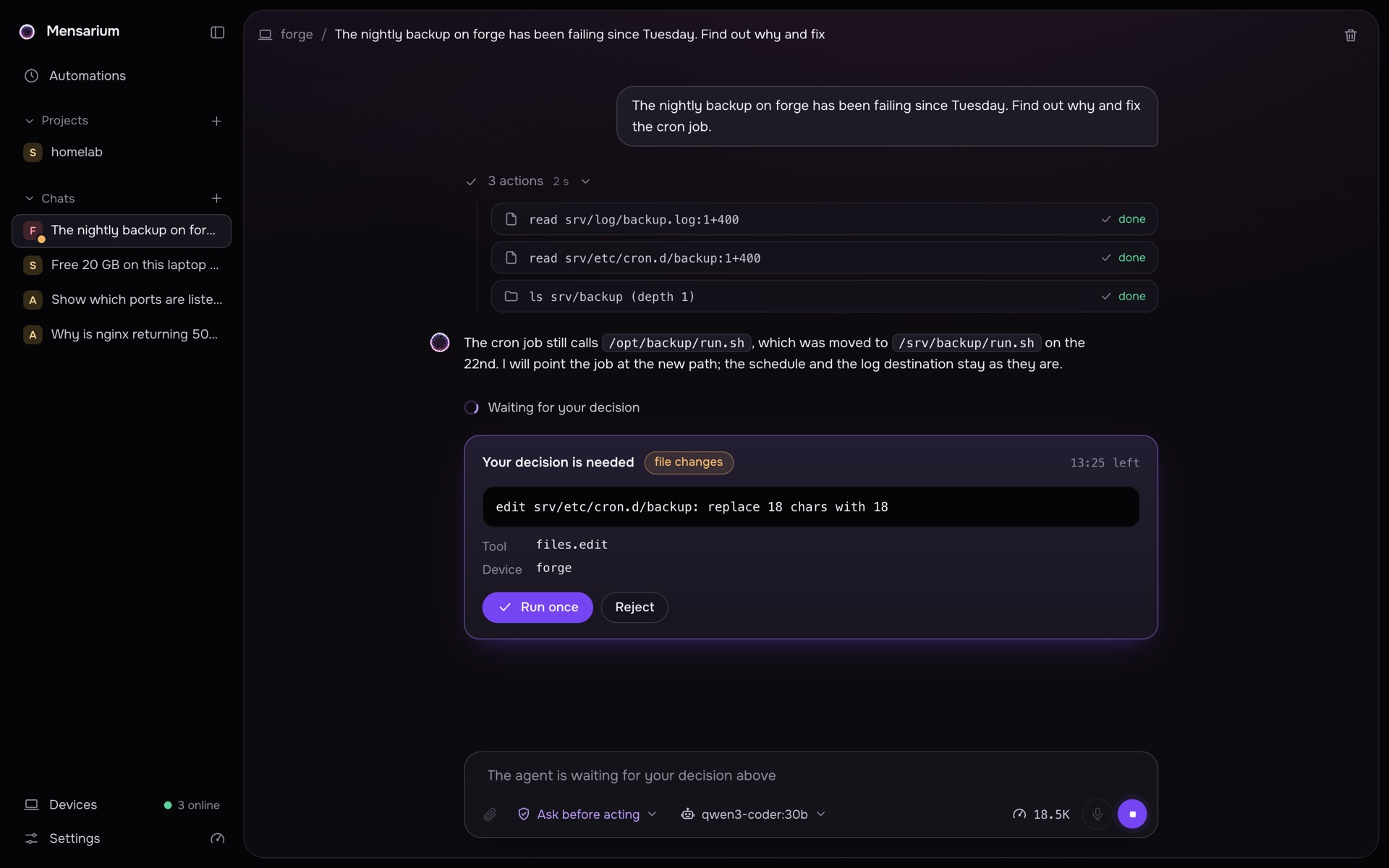 A chat on forge: the agent read the backup log and the cron file and waits for approval to edit it