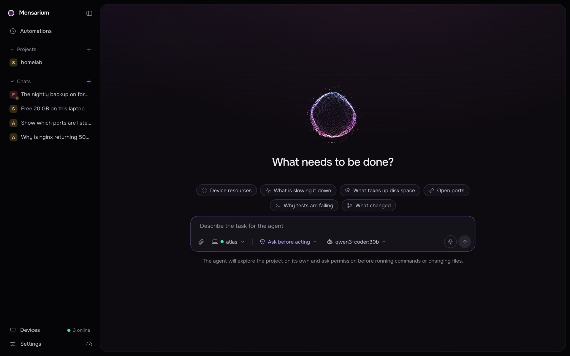 Mensarium: a new chat on the Core, device atlas, ask-before-acting mode